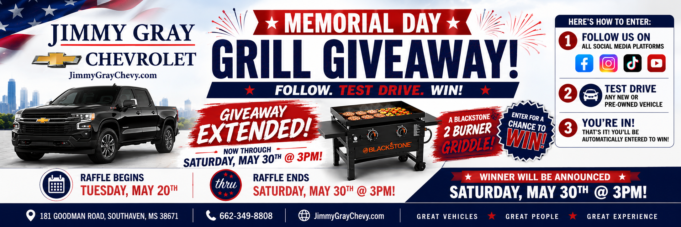 Memorial Day Grill Giveaway ! at Jimmy Gray Chevrolet in Southaven MS